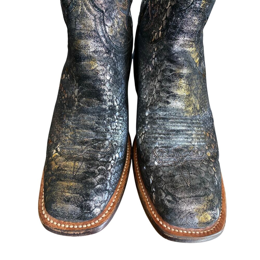 Lucchese Black Suede Metallic Python Square Toe Western Boots Womens 7.5 B - Picture 8 of 15